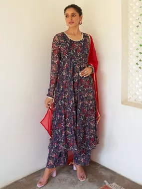 Blue Georgette Floral Kurta Palazzo Set