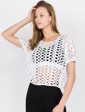 Hole Detail Short Sleeve Crop Top-White, Black