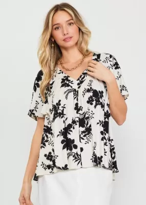 Ivory & Black Floral Vneck Top