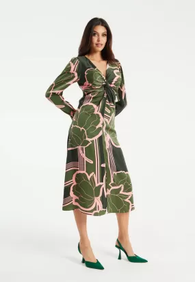 Liquorish Geometric Floral Knot Front Midi Dress