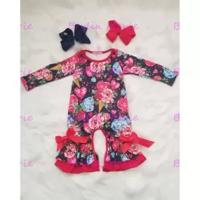 Navy & Red Flowers & Hearts Ruffle Romper