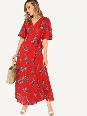 Surplice Wrap Knot Leaves Print Dress